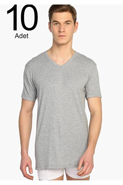 Zulu Ticaret Tutku-Men's Gray 10-Pack Ribbed V-Neck Undershirt Elf568Tccm10 N...