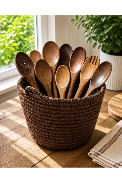 ÖRGÜM Handmade Knitted Kitchen Basket – Wooden Spoon and Utensil Organizer – ...