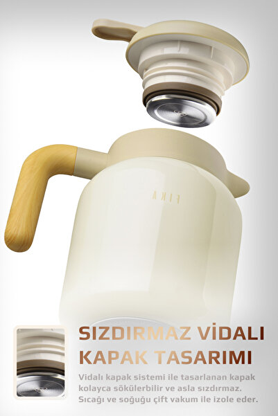 NEOFLAM Fika Paeta Çift Katmanlı Sızdırmaz Kapaklı Çelik Orta Boy Sürahi Termos 1300 ML - Bej