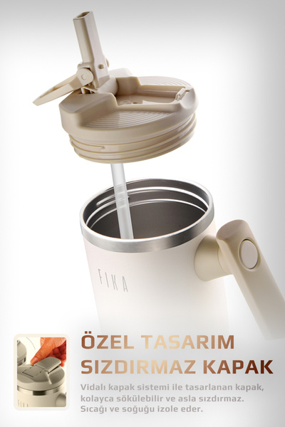 NEOFLAM Fika Lumi Patentli Döner Kulplu Sızdırmaz Çelik Termos 1200 ML - Bej