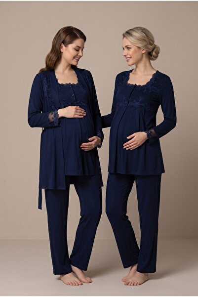 LOHOUSE Women's Navy Blue Lace Long Sleeve Maternity Pajama Set with Easy Nur...