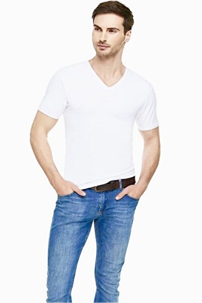 Zulu Ticaret Tutku-Elit White Elastane Men's V-Neck Undershirt 3-Piece Set