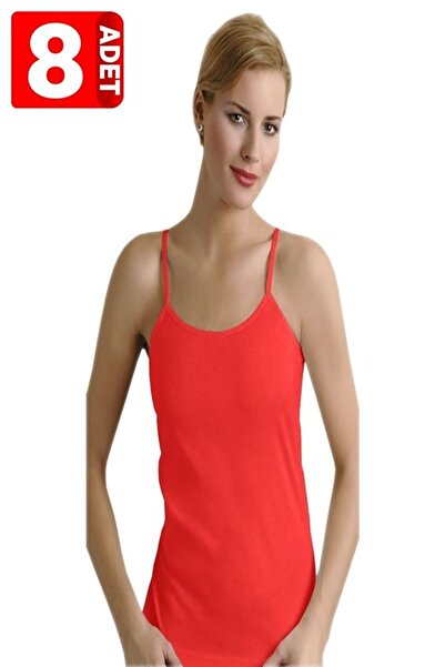 Zulu Ticaret Tutku-Women's Red String Strap Undershirt 100% Cotton Pack of 8