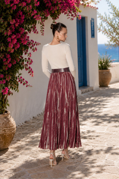Fast Perry Modern Striped Belted Long Skirt in Plum – Belt Detail