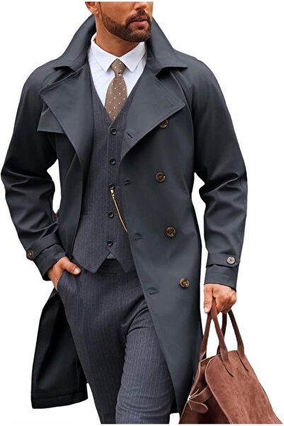Runcati Men's Double Breasted Split Lapel Casual Belted Windproof Raincoat, C...