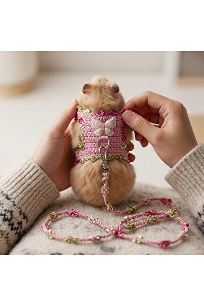Lady Fify Hamster için Pembe Kelebek Gezdirme Kayışlı Göğüs Tasması