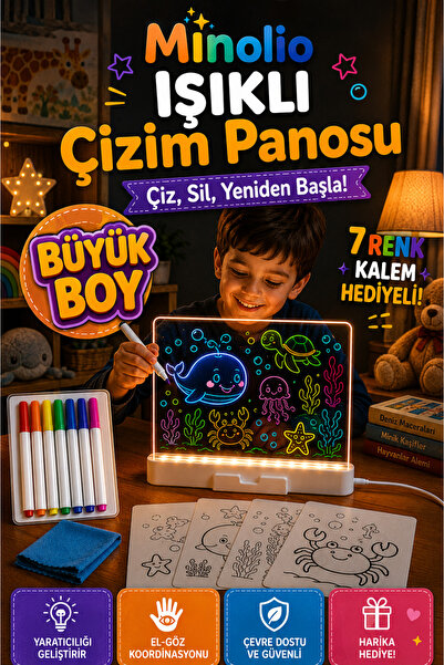 Minolio LED Işıklı Çizim ve Boyama Tahtası 30x20 Büyük Boy Stant ve 7 Adet Ka...