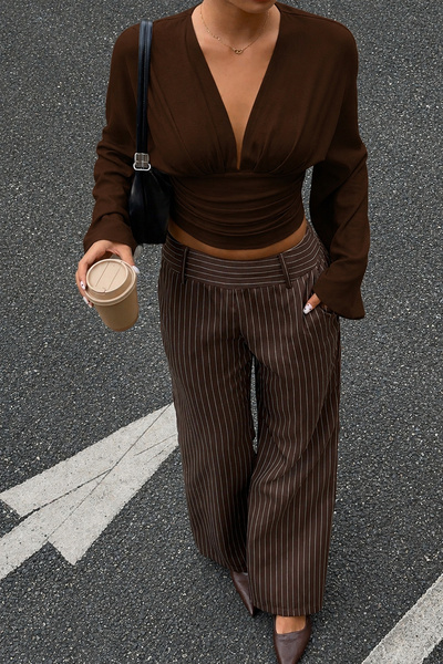 Edela V-Neck Wide Sleeves Gathered Brown Blouse