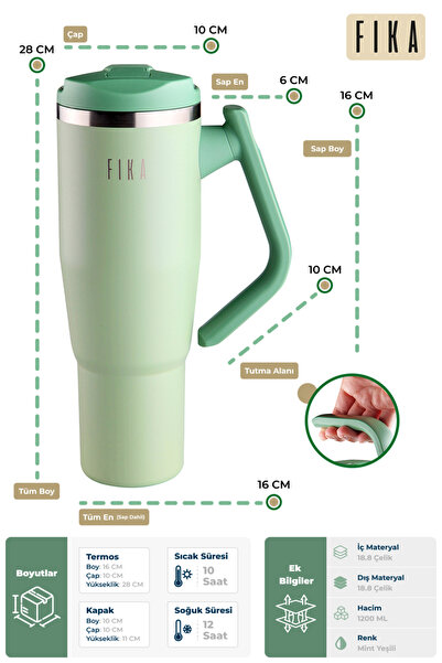 NEOFLAM Fika Lumi Patented Leak-Proof Steel Thermos with Rotating Handle 1200 ml - Mint Green
