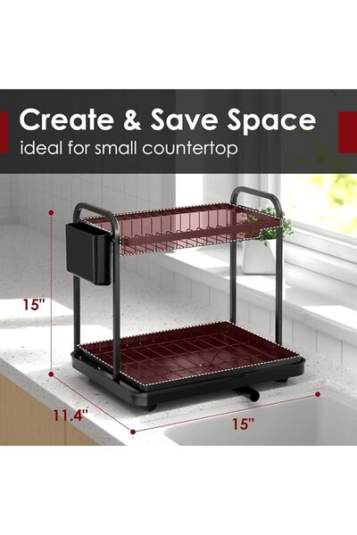GENERAL Large 2-Tier Dish Drying Rack Stainless Steel Dish Drainer with Drainboard and Utensil Holder