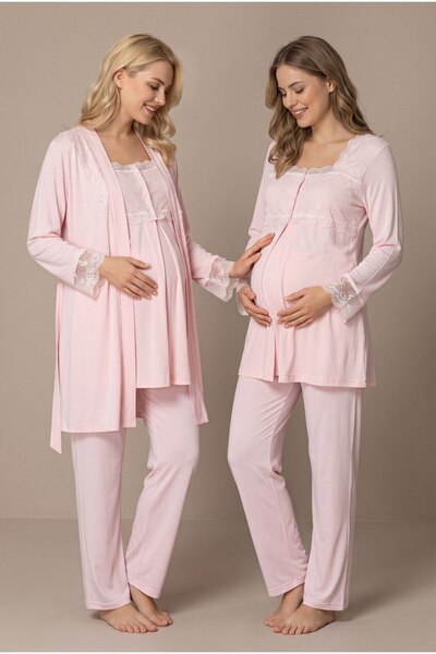 LOHOUSE Women's Powder Lace Long Sleeve Maternity Pajama Set with Dressing Go...