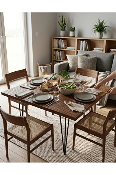 MİRRORSS Ceviz Renkli Ahşap 90 x90 Kare Yemek masası & Hairpin Metal Ayaklı Tasarım kahvaltı Mutfakt Balkon Bahçe masası