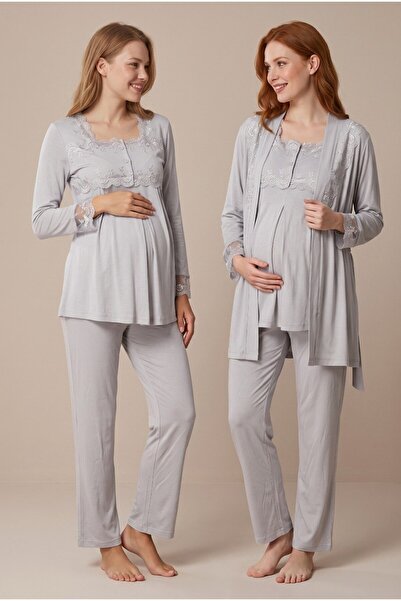 LOHOUSE Women's Gray Lace Long Sleeve Maternity Pajama Set with Dressing Gown...
