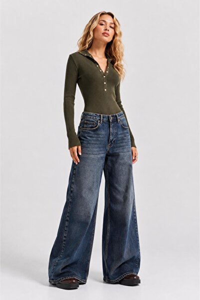 CLARK KYLE Kadın mavi kahve tint baggy 9_w20 yüksek bel %100 koton denim pant...