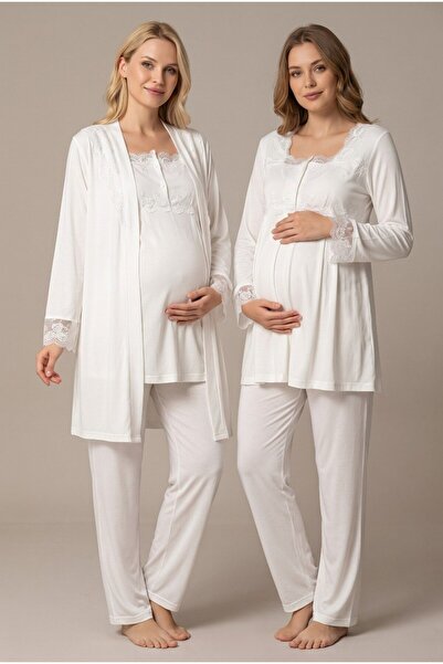 LOHOUSE Women's Ecru Lace Long Sleeve Maternity Pajama Set with Dressing Gown...