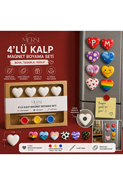 Mersi SHOP 4’lü Kalp Magnet Boyama Seti – 3 Renk Akrilik Boya ve Fırçalı Kend...