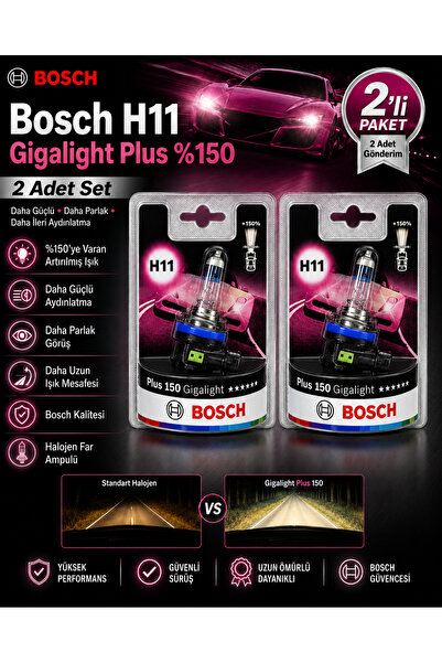 Bosch H11 Plus 150 Gigalight Halojen Far Ampulü 2’li Set %150 Daha Fazla Işık