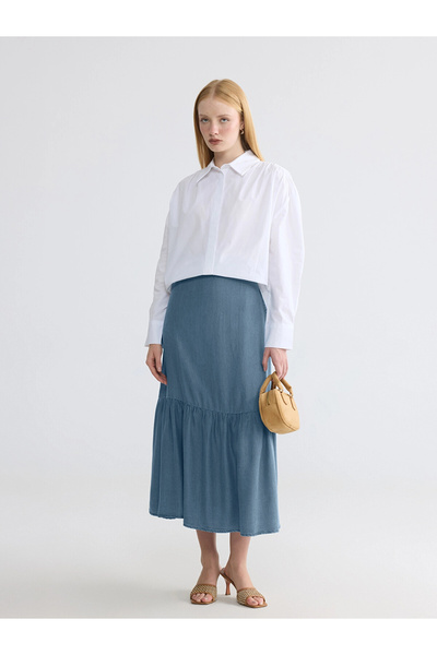 LC Waikiki Lcw Modest Indigo Ruffled Jean Skirt with Elastic Waist