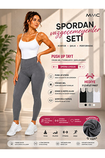FitGym Yüksek Bel-Push Up Yaz Kış Spora-Günlük Kullanıma Uygun Tayt + 3 ad. A...