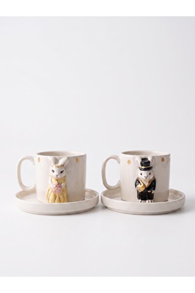 seda seramik Handmade Embossed Rabbit Design with Gold Gilding Detail, Set of...