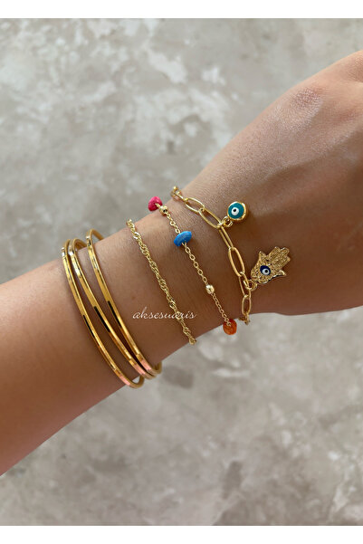 aksesuaris Gold Color Natural Stone Evil Eye Women's 3-Piece Chain Combinatio...