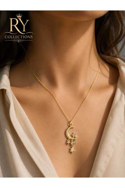 rycollections Gold-Colored Crescent Design Steel Necklace with Zircon Stone D...