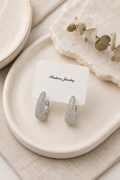 serelya Silver Color Zircon Stone Drop Hoop Model Women's Earrings