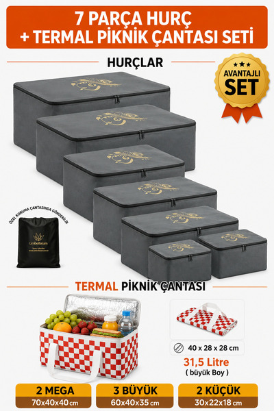 umbellatum 7-Piece Storage Organizer and Thermal Picnic Bag Set, 8-Piece Unde...
