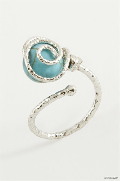 ZERO LAND Spt-Gld Flower Turquoise Stone Metal Ring (233518) Silver Color