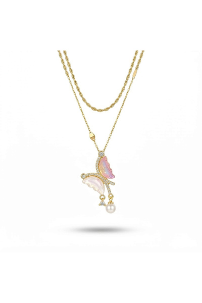 h&b design jewel Gold Pearl Detailed Butterfly Double Necklace