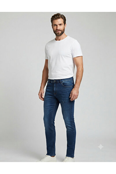 Erkek Slim Fit Likralı Büyük Beden Kot Pantolon Tırnaklı