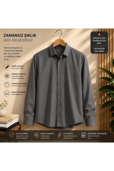 Erkek Antrasit Gri Uzun Kollu Slim Fit Düğmeli Klasik Yaka Şık Günlük Gömlek