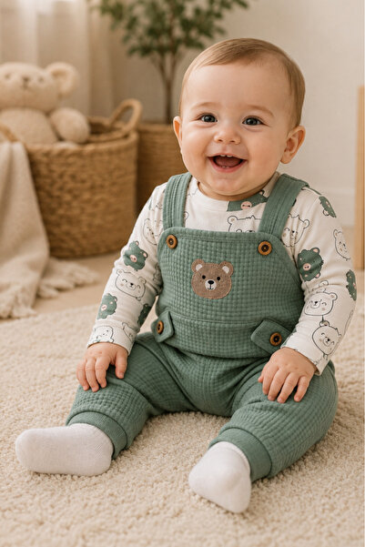 EYMİR GİYİM Baby Boy 3-Piece Romper Set With Overalls and Socks, Teddy Bear P...