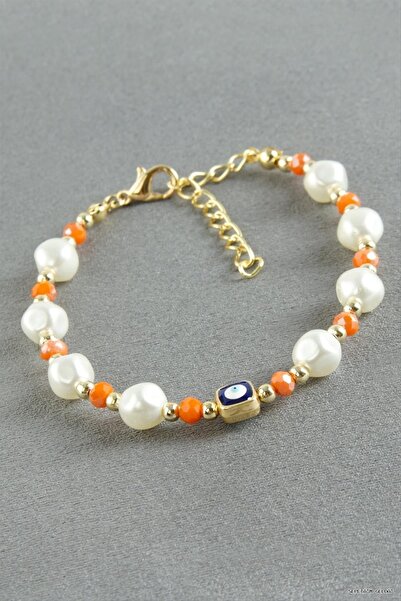 ZERO LAND Spt-Gld Nazar Rectangular Crystal Pearl (234108) Bracelet Orange