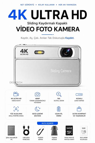 Deletech 4K Sliding Kamera Dijital Fotoğraf Makinesi | Kızaklı Lens Kapaklı |...