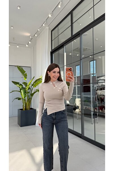 elif teke Chinese Closure Detailed Soft Textured Blouse Stone Color