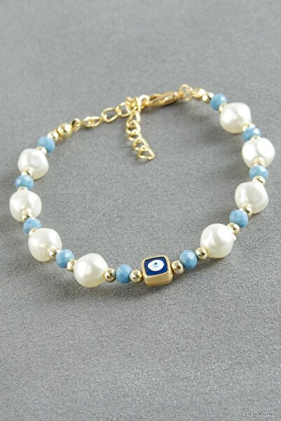 ZERO LAND Spt-Gld Nazar Rectangular Crystal Pearl Bracelet (234119) Blue
