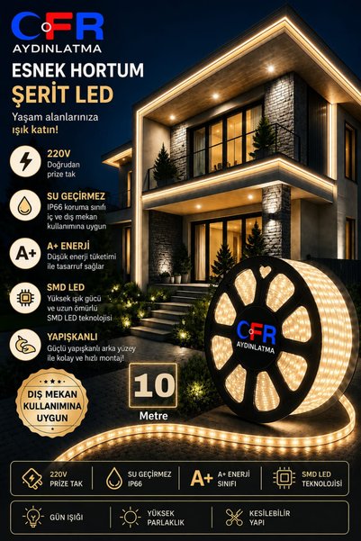 CFR Hortum Esnek Şerit Led Beyaz ,Günışığı,Amber,Kırmızı,Mavi Rengi + 220v Fi...