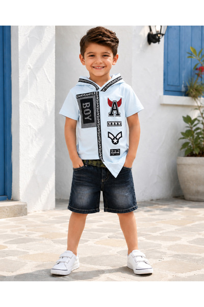 KAMİKAM Hooded Set with Denim Shorts