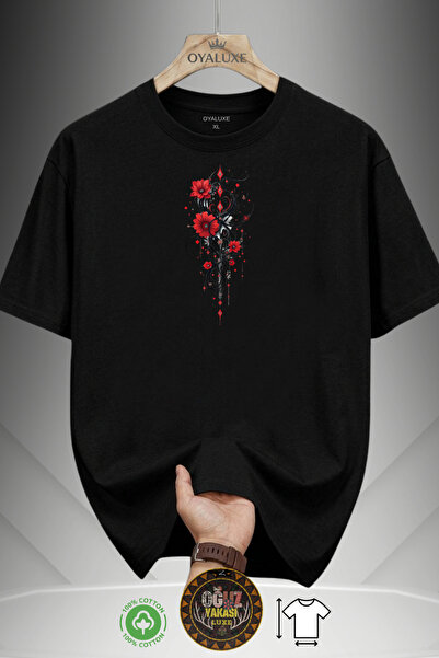 OyaLuxe Erkek Siyah Kırmızı Çiçek ve Dikey Gotik Sarmaşık İllüstrasyon Baskılı %100 Pamuk Oversize T-Shirt
