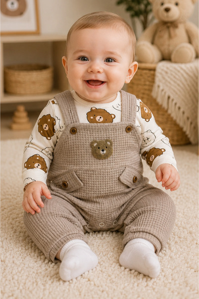EYMİR GİYİM Baby Boy 3-Piece Romper Set With Overalls and Socks, Teddy Bear P...