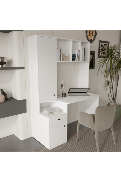 klubeconcept Liva Çok Fonksiyonlu Beyaz Çalışma Masası Kitaplıklı, Dolaplı ve...
