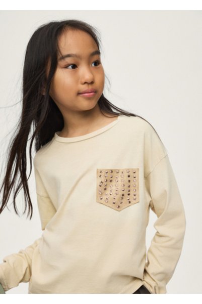 MAYORAL Cream Girls' Studded Pocket Long Sleeve T-Shirt 7063