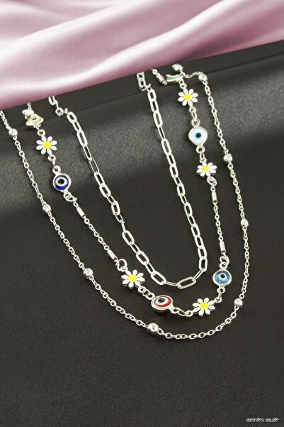 ZERO LAND Spt-Gld Papatya Nazar Mineli Triple Necklace (232503) Silver Color