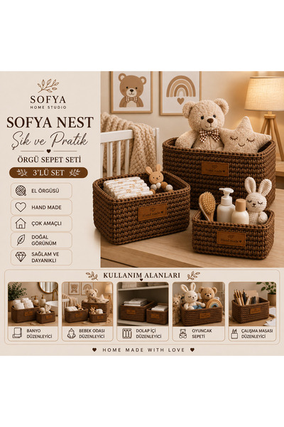 Sofya Home Studio Sofya Nest 3’lü Düzenleyici / Organizer Sepet Seti – El Yapımı
