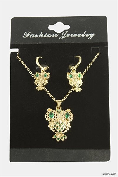 ZERO LAND Spt-Gld Owl Zircon Stone Set (11341) Necklace Green