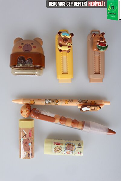 capybara Stationery Set: Ballpoint Pen, Eraser, Pencil Sharpener, 0.7 mm Tip Pen