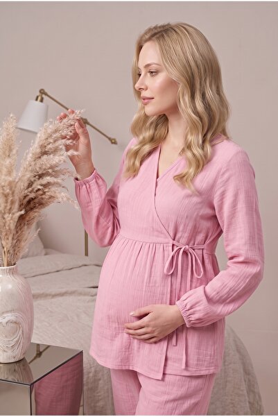 Lohusa Dünyasi Women's Powder Double-Breasted Collar Side-Tie Muslin Fabric M...