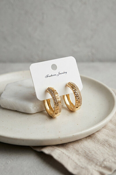 Mega Bazaar Gold Color Zircon Stone and Geometric Motif Brass Hoop Women's Ea...