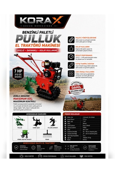 Korax 7 HP 212 CC Benzinli Paletli El Traktörü Pulluk Öküz Sabani Tarım Makinesi